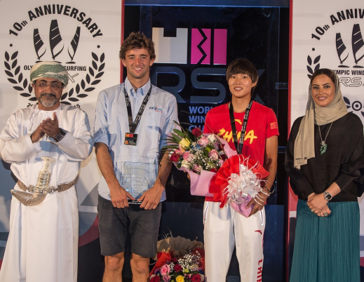 RS:X WORLD CHAMPIONSHIP 2015, October 17th-24th Al Mussanah Sports City, Sultanate. Prize giving ceremony.24th oct 2015.2015 absolute world champions, Pierre Le Coq and Peina Chen. Credit Jesus Renedo/Oman Sail